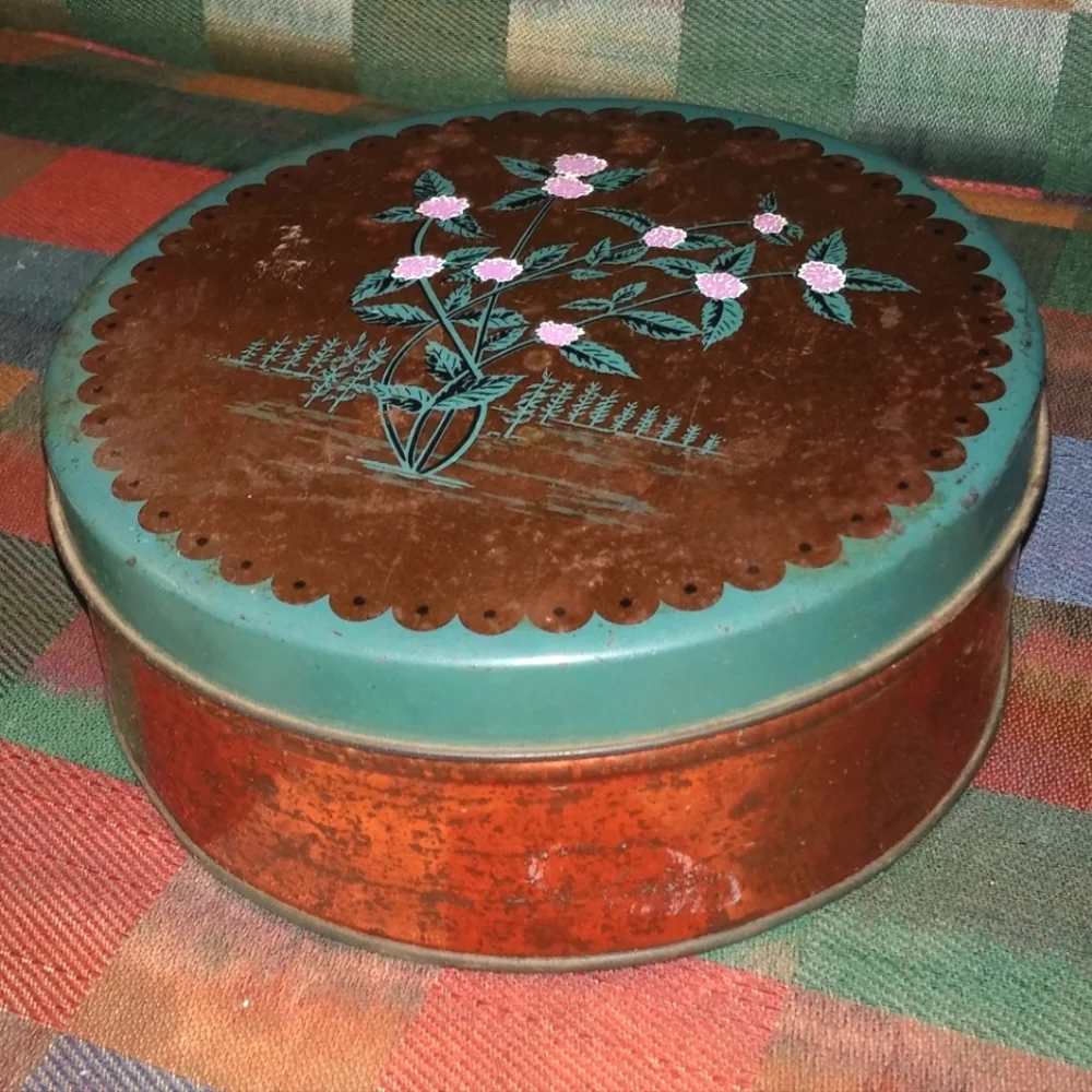 Vintage Copper Tin Storage Cherrydale Farms Mints Box Floral Top Gold, Green